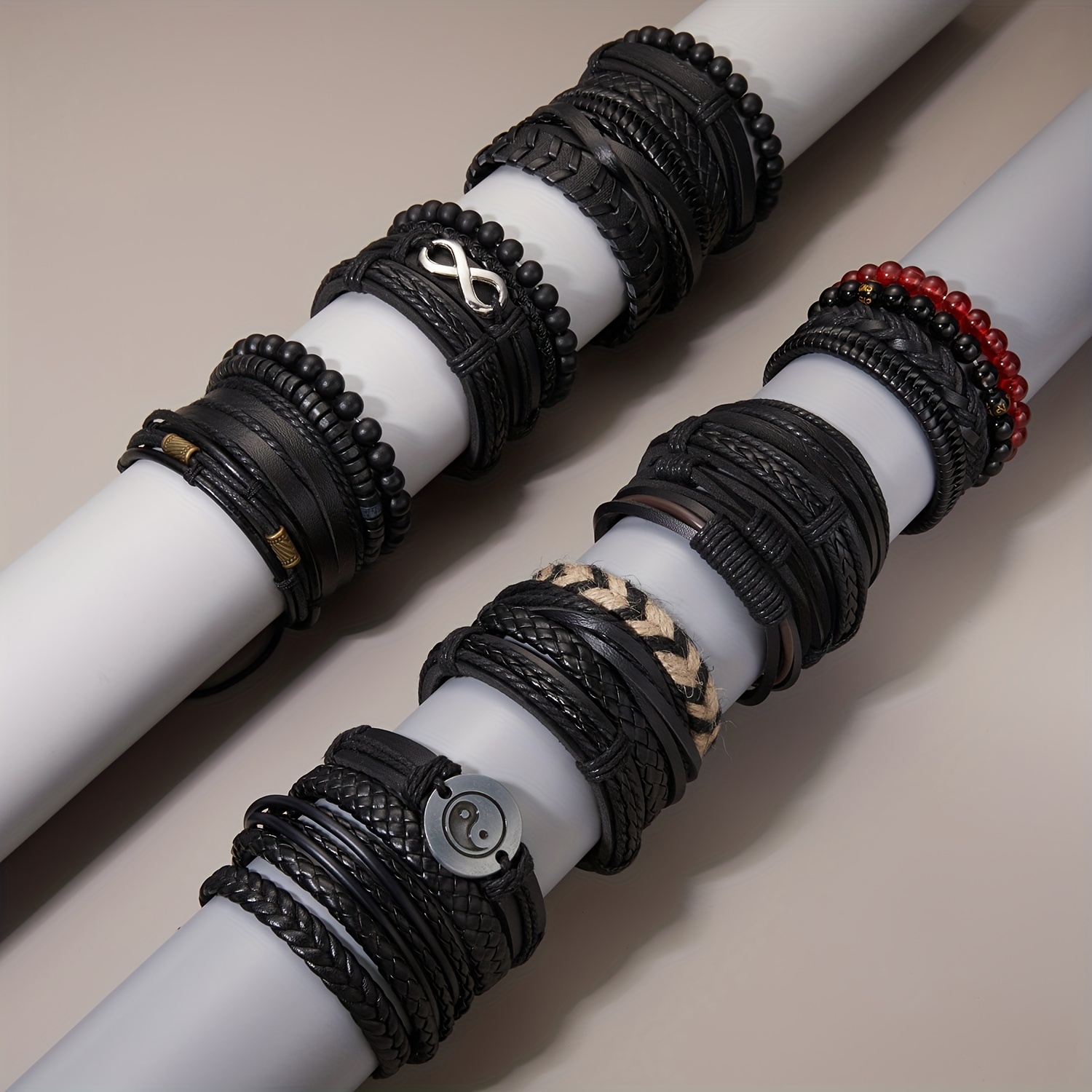 Men's Beaded Leather Combination Bracelet Set
